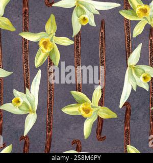 Nahtloses Muster von Vanilleblüten und Bohnen in Aquarell isoliert auf grauem texturiertem Hintergrund. Hochwertiges handgezeichnetes Design, perfekt für Gewürzdosen Stockfoto