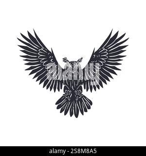 Handgezeichnete schwarze Silhouette von Uhu, die isoliert auf weiß fliegt Stock Vektor