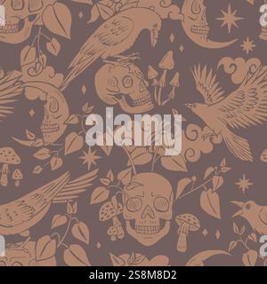 Braunes einfarbiges nahtloses Muster mit handgezeichneten Tintenrabben oder Krähen, die auf menschlichen Schädeln sitzen Stock Vektor