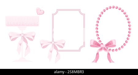 Vektor-Illustration von rosa mädchenhaften Vintage Rahmen und Schleife Set. Rosafarbenes Champagnerglas. Bänder isoliert. Trendige Accessoires für Mädchen. Niedliche Friseurelemente Stock Vektor
