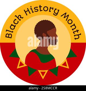 Runder Aufkleber mit einem Mannprofil und der Aufschrift Black History Month. Festliches Kreiselelement, Attribut der afroamerikanischen Geschichte. Cartoon Stock Vektor
