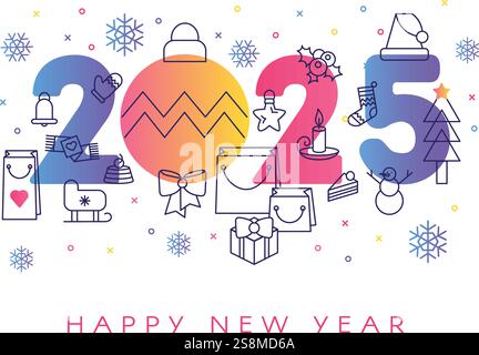 Horizontales „Happy 2025 Silvester“-A4-Poster in weiß-blauen Farben mit 2025 und Happy New Year“-Glückwunsch. Vorlage zum Drucken, Ankündigung Stock Vektor
