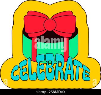 Festliche Geschenkbox mit Schleife und Inschrift feiern. Neujahrsklettverschluss für Aufkleber oder Geschenkgutschein im alten Stil von 2000. Cartoon Y2K Retro-Stick Stock Vektor