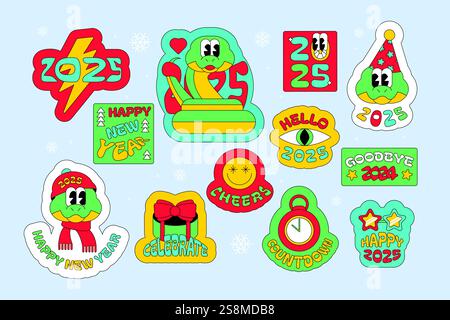 Set mit 2025 Neujahrsaufklebern mit chinesischem Kalender-Schlangensymbol. Neujahrsklettverschluss für Aufkleber im alten Stil von 2000. Cartoon Y2K Retro-Aufkleber Col Stock Vektor