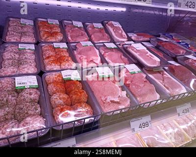 Verschiedene abgepackte Fleischsorten werden im Kühlbereich des Lebensmittelgeschäfts ausgestellt. Stockfoto