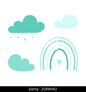 Set aus Sky Elements blauen Wolken Regenbogen, einfache Zeichnungen von Kindern, für lustiges Design für Kinder. Vektorabbildung Stock Vektor