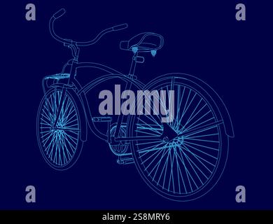 Blaues Fahrrad mit Sitz. Das Motorrad ist in einer blauen Zeichnung dargestellt Stock Vektor