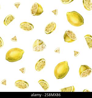 Nahtloses Muster mit Aquarelldarstellung von Scheibe und ganzer Zitrone, Schale oder Schale Zitrone oder Limette. Wiederhole das Ornament, handbemalt Zitronenzweig auf weiß Stockfoto