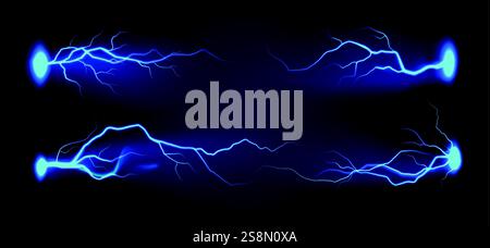 Realistischer blauer Blitz. Thunder Storm blitzt horizontale Blitze auf. Elektrischer Schlag, Blitz, heller Lichteffekt, Energieladung. Vektor-isolierter Satz. Stock Vektor