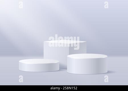 Weiße zylindrische Podeste mit kubischem Sockel auf einem hellen Hintergrund, der von der Sonne aus dem Fenster beleuchtet wird. Vektor-3D-Illustration. Stock Vektor