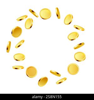 Rotierende Goldmünzen. 3D goldene realistische Münzen fliegen im Kreis, Geldpreisexplosionen isoliert. Vektor-Glücksspiel, Casino und Jackpot-Konzept. Stock Vektor
