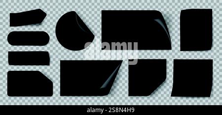 Realistische schwarze Aufkleber. Papieraufkleber in verschiedenen Formen mit Schatten und gefalteten Kanten, schwarze Preisanhänger, leere Haftnotizen für Notizen. Vektor-isolierter Satz. Stock Vektor