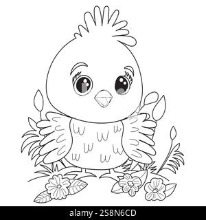 Hühnchen auf Gras für Kinder Malbuch, Charaktervektor Stock Vektor