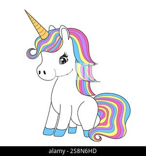 Niedliches Cartoon Einhorn, Charakter in flachem Stil, Hochzeit isolierter Vektor Stock Vektor