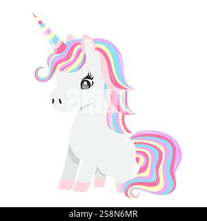 Niedliches Zeichentrickeinhorn in flacher Art, Hochzeit isolierter Vektor Stock Vektor