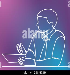 Mann, der eine durchgehende Linienzeichnung auf weißem Hintergrund führt, Vektor Stock Vektor