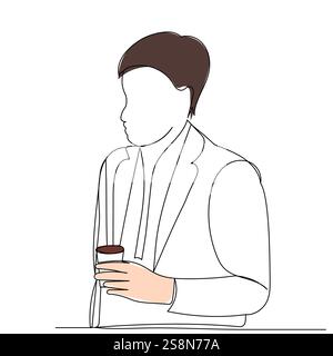Mann trinkt Kaffee Skizze kontinuierliche Linienzeichnung, Vektor Stock Vektor