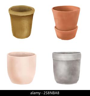 Keramiktopf für Hauspflanzen im Set. Digitale Illustration mit Aquarell. Leerer Blumentopf aus Ton und Beton. Beigefarbene Keramikschale für umweltfreundliche Inneneinrichtung Stockfoto