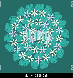 Abstrakte bunte tropische Blumen und Monstera Blätter Kreisförmige Hintergrundstruktur. Tropische Pflanzen. Isolierte Vektor-Illustrationskarten, Poster, Broschüren, Preise, Label oder Web-Werbebanner Stock Vektor