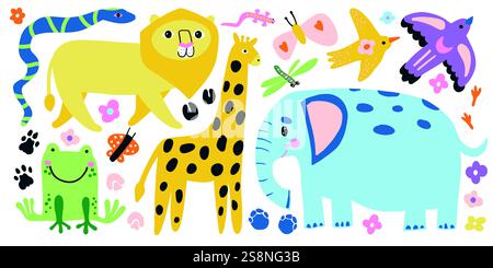 Verspielte Dschungeltiere wie Elefant, Löwe, Giraffe, Frosch und Schlange in lebhaften Farben erinnern an tropische Abenteuer, perfekt für Wildtiere und Stock Vektor