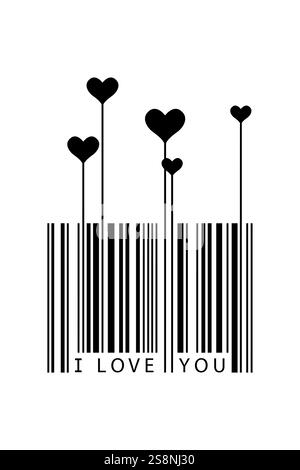 Valentinstag-Konzept, kreatives Barcode-Design, I love you Text und Herzsymbole, schwarze Vektor-Logo-Silhouette isoliert auf weißem Hintergrund Stock Vektor