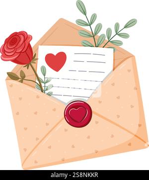 Happy Valentinstag Liebesbriefe Clipart für. Handgezeichnet trendiger flacher Stil isoliert. Umschlag mit Wachsversiegelung, Nachricht und Blumen. Für Webgrafik, Poster, Grußkarte. Vektorabbildung Stock Vektor