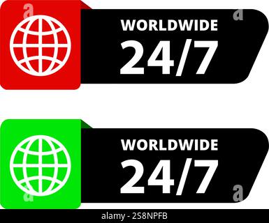 Farbiges 24-7-Schild weltweit auf weißem Hintergrund mit Kopierraum Stock Vektor