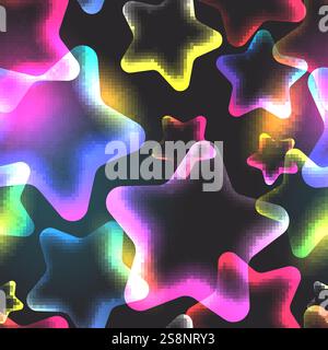 Transparenter leuchtender Verlaufssterne nahtloses Muster. Vektor-3D-Glas-Illustration. Flüssiger farbenfroher trendiger Hintergrund. Mode Textildruck, Stoff, W Stock Vektor