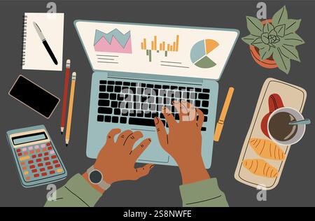 Tippen Sie auf einem Laptop mit Daten zur Finanzanalyse Stock Vektor