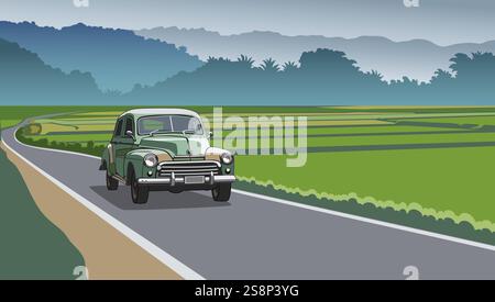 Altes Auto auf der Landstraße mit dem Reissaat im Hintergrund. Stockfoto