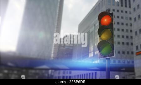 Die Ampel leuchtet rot in der Stadt. 3D-Abbildung Stockfoto