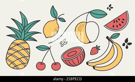 Set handgezeichnete bunte Früchte und Beeren. Moderner, abstrakter, minimaler Stil. Natürliche tropische Früchte. Kirsche, Apfel, Pfirsich, Zitrone, Banane, Erdbeere, S Stock Vektor