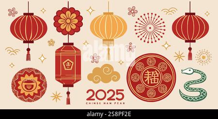 Happy Chinese New Year Icons Vektor Set. Eine Sammlung chinesischer Laternen, Blumen und einer Schlange. Die Laternen sind rot und gelb, und die Blumen sind es Stock Vektor