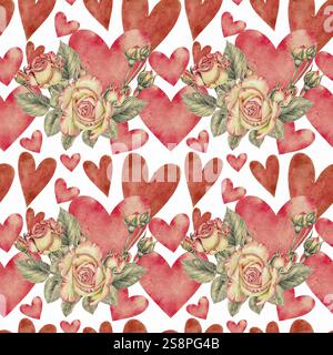 Gelbe und rosa Rosen und Blätter mit großen und kleinen rosa Herzen nahtlos Muster. Aquarellillustration für Karten, Einladungen, Feiertage Frühling, Geburtstag, Valentinstag, Hochzeit oder Muttertag. Stockfoto