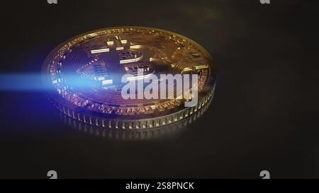 Eine goldene Bitcoin-Münze auf dunklem Hintergrund. 3D Abbildung Stockfoto