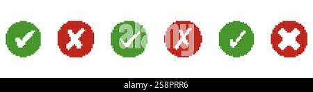 Pixel Art Grüne Häkchen und Rotes Kreuz Symbole in Kreisformen. Sammlung von Symbolen für Genehmigung und Ablehnung für Retro-UI-Design. Erfolgs- und Fehlerzeichen Stock Vektor