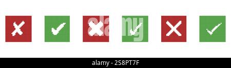 Pixel Art Grüne Häkchen und rote X Symbole in Quadraten gesetzt. Symbol für Genehmigung und Ablehnung im UI-Design. Richtige und falsche Anzeigen. Isolierter Vektor Stock Vektor