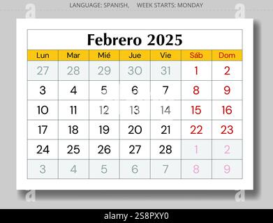 Seite von 2025 spanischer februar-Kalender - Monat febrero. Vektorillustrationen für den Wintermonat für Spanien Stock Vektor