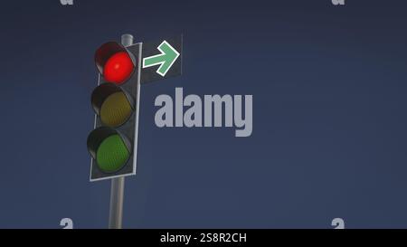 Ampel wird rot mit grünem Pfeil und Platz für Text angezeigt. 3D Abbildung Stockfoto