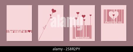 Happy Valentines Day Set Karte, kreatives Barcode Design, I Love You Text und Herzsymbole. Rosafarbener A4-Hintergrund und Kopierbereich. Valentinstag-Konzept Stock Vektor