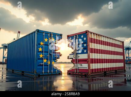 Kaputte Frachtcontainer mit us- und eu-Flaggen, die Handelskrieg und Zölle zeigen Stockfoto