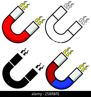 Set von Zeichentrickmagneten in verschiedenen Designs, Farbe, Schwarzweiß und Silhouette, isoliert auf weißem Hintergrund Stock Vektor