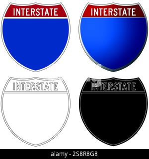 Amerikanisches Straßenschild für die berühmte Route 66, in Farbe, Verlauf, schwarz-weiß und weiß und schwarz, isoliert auf weißem Hintergrund Stock Vektor