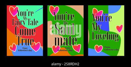 Auffällige Valentinstag-Vorlagen mit modernem Pastellhintergrund. Eine Valentinstag-Grußkarte mit Beispieltext, roten Herzen und abstraktem Hintergrund Stock Vektor