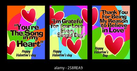 Auffällige Valentinstag-Vorlagen mit modernem Pastellhintergrund. Eine Valentinstag-Grußkarte mit Beispieltext, roten Herzen und abstraktem Hintergrund Stock Vektor