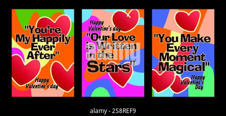 Auffällige Valentinstag-Vorlagen mit modernem Pastellhintergrund. Eine Valentinstag-Grußkarte mit Beispieltext, roten Herzen und abstraktem Hintergrund Stock Vektor