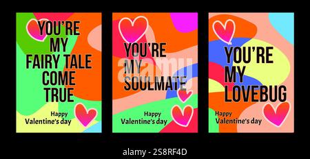 Auffällige Valentinstag-Vorlagen mit modernem Pastellhintergrund. Eine Valentinstag-Grußkarte mit Beispieltext, roten Herzen und abstraktem Hintergrund Stock Vektor