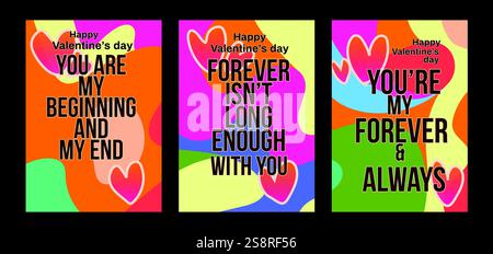 Auffällige Valentinstag-Vorlagen mit modernem Pastellhintergrund. Eine Valentinstag-Grußkarte mit Beispieltext, roten Herzen und abstraktem Hintergrund Stock Vektor