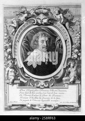 M. Favereau eine siebzehnten Jahrhundert Berater des französischen Königshof. Gravur von "Tableaux du Temple des muses" (1655) von Michel de Marolles (1600 - 1681), bekannt als der Abbé de Marolles; eine französische Kirchenmann und Übersetzer. Stockfoto
