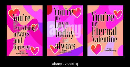 Auffällige Valentinstag-Vorlagen mit modernem Pastellhintergrund. Eine Valentinstag-Grußkarte mit Beispieltext, roten Herzen und abstraktem Hintergrund Stock Vektor